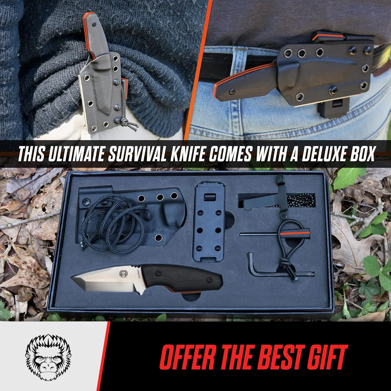 Holtzman's Gorilla Survival Tanto Fixed Blade Neck Knife with Kydex Sheath & Ferro Rod (Silver Orange) - Ideal for Outdoor Activities and Everyday Carry