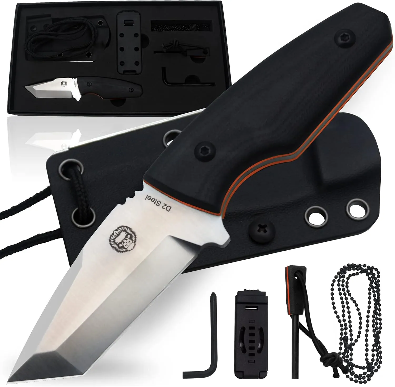 Holtzman's Gorilla Survival Tanto Fixed Blade Neck Knife with Kydex Sheath & Ferro Rod (Silver Orange) - Ideal for Outdoor Activities and Everyday Carry