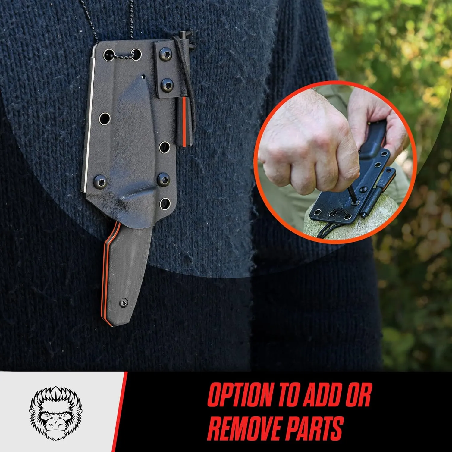 Holtzman's Gorilla Survival Tanto Fixed Blade Neck Knife with Kydex Sheath & Ferro Rod (Silver Orange) - Ideal for Outdoor Activities and Everyday Carry