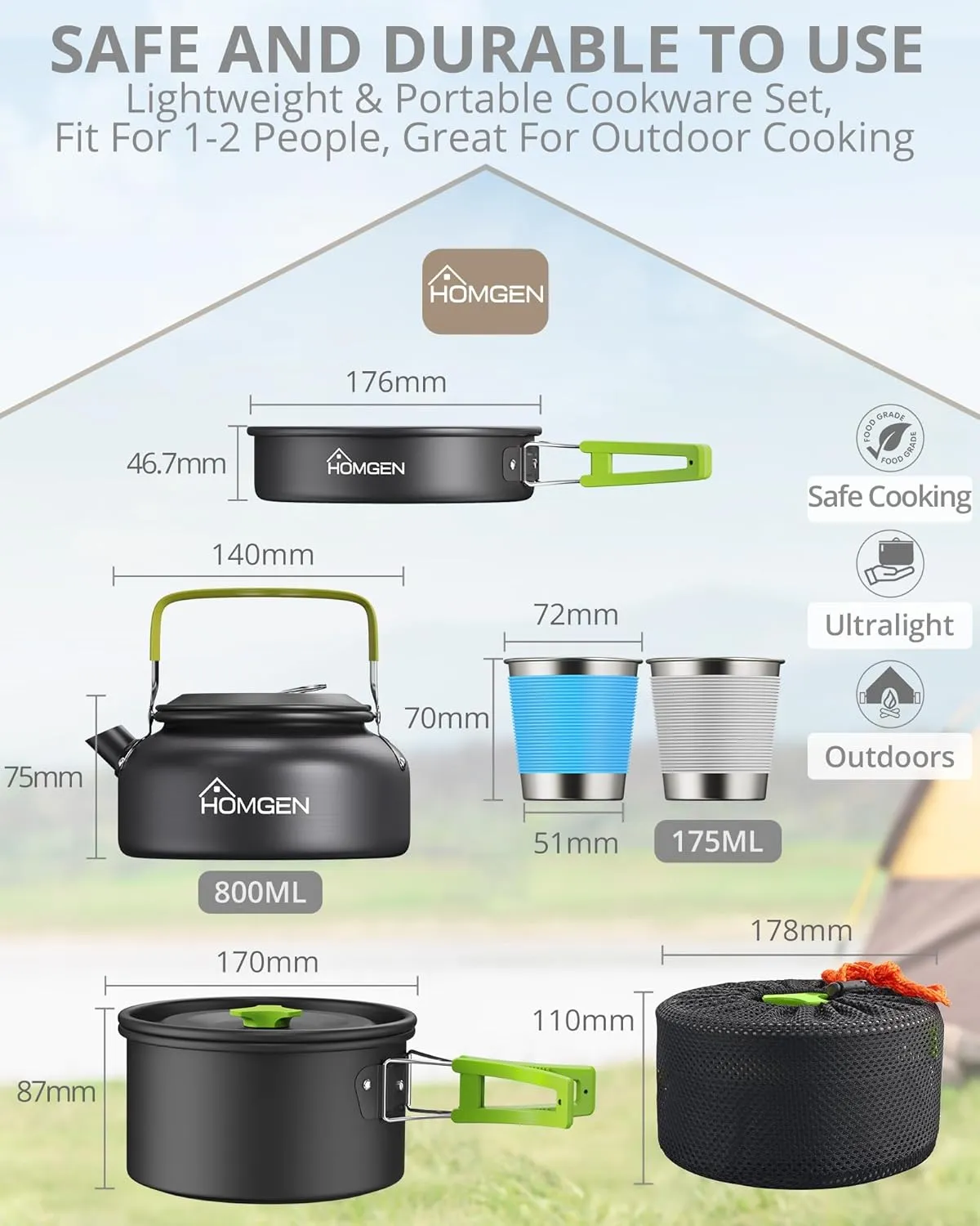 HOMGEN Portable Camping Cooking Set Camping Pots and Pans Set Aluminium Camping Cookware Kit Lightweight Camping Cooking Equipment with Storage Bag for 2-3 People for Camping Picnic Hiking etc