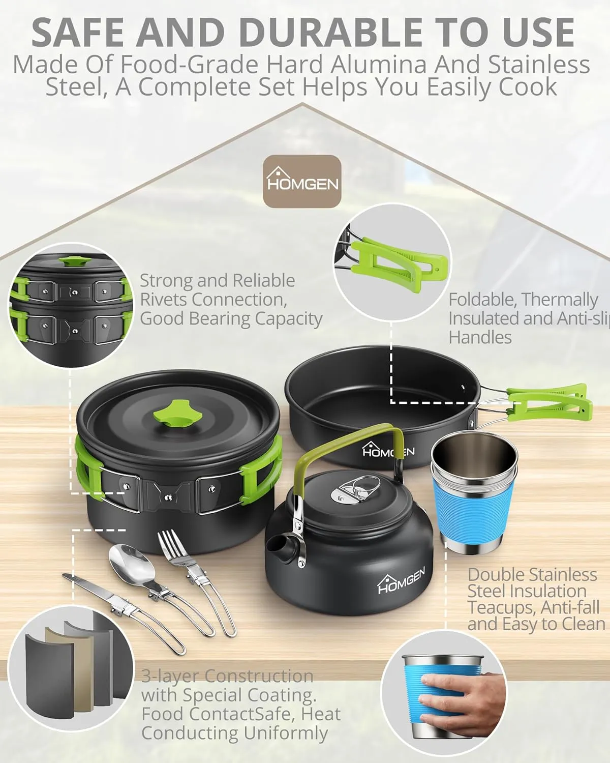 HOMGEN Portable Camping Cooking Set Camping Pots and Pans Set Aluminium Camping Cookware Kit Lightweight Camping Cooking Equipment with Storage Bag for 2-3 People for Camping Picnic Hiking etc