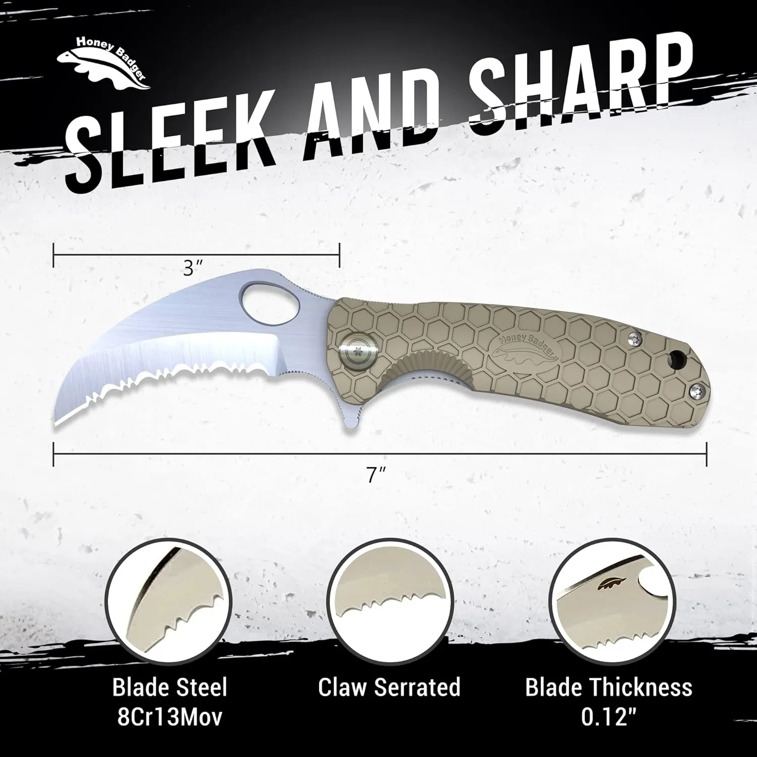 Honey Badger Serrated Edge L/R Claw Knife, Medium, Tan
