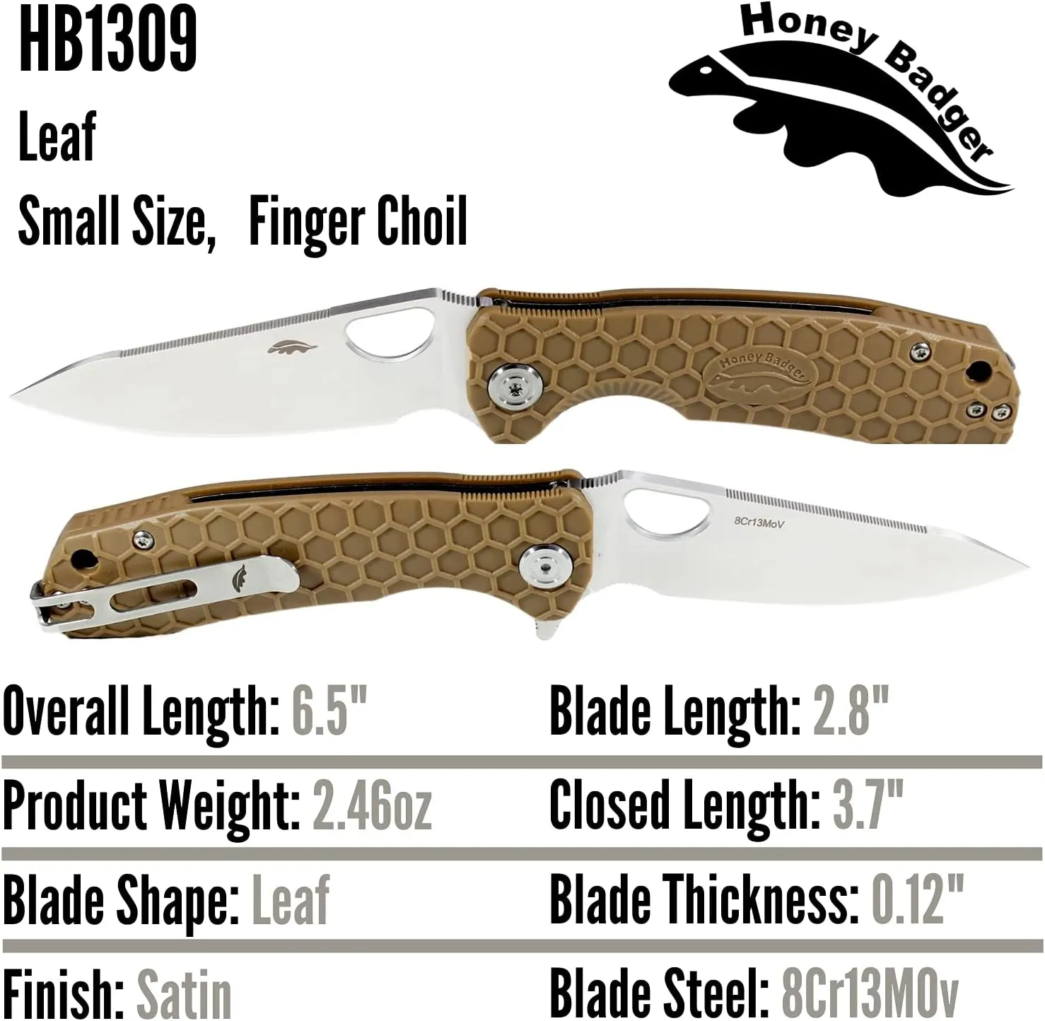 Honey Badger Small Tan Leaf Pocket Knife - 2.8" Blade Fiberglass-Reinforced Nylon Handle Ambidextrous Clip 2.6.oz