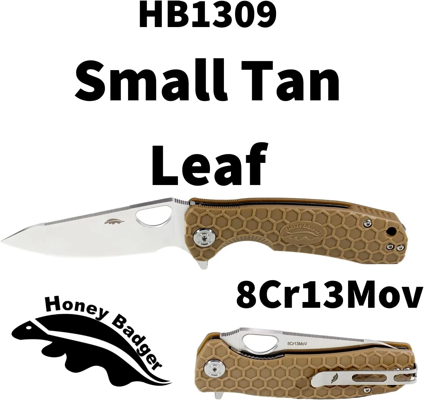 Honey Badger Small Tan Leaf Pocket Knife - 2.8" Blade Fiberglass-Reinforced Nylon Handle Ambidextrous Clip 2.6.oz