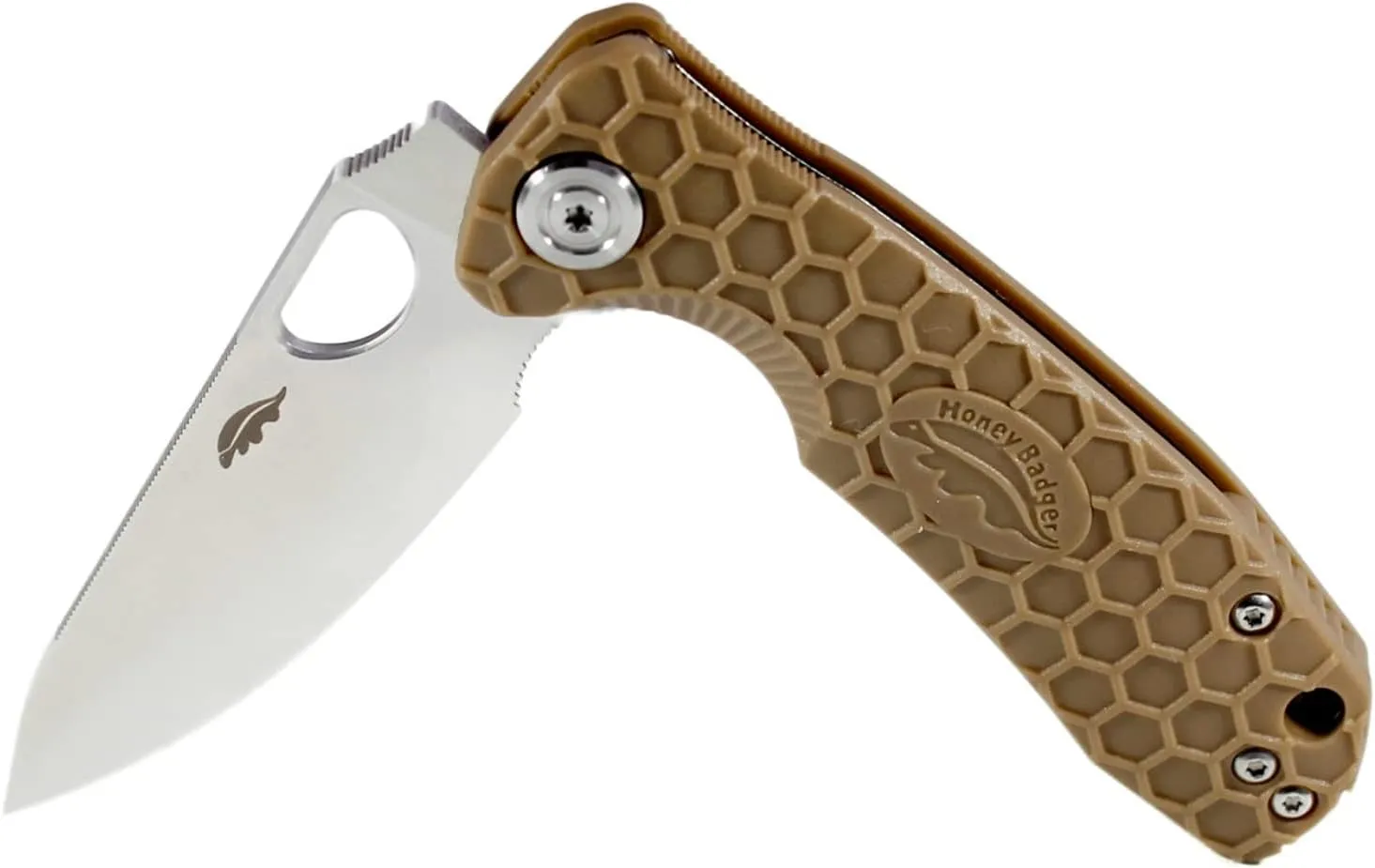 Honey Badger Small Tan Leaf Pocket Knife - 2.8" Blade Fiberglass-Reinforced Nylon Handle Ambidextrous Clip 2.6.oz