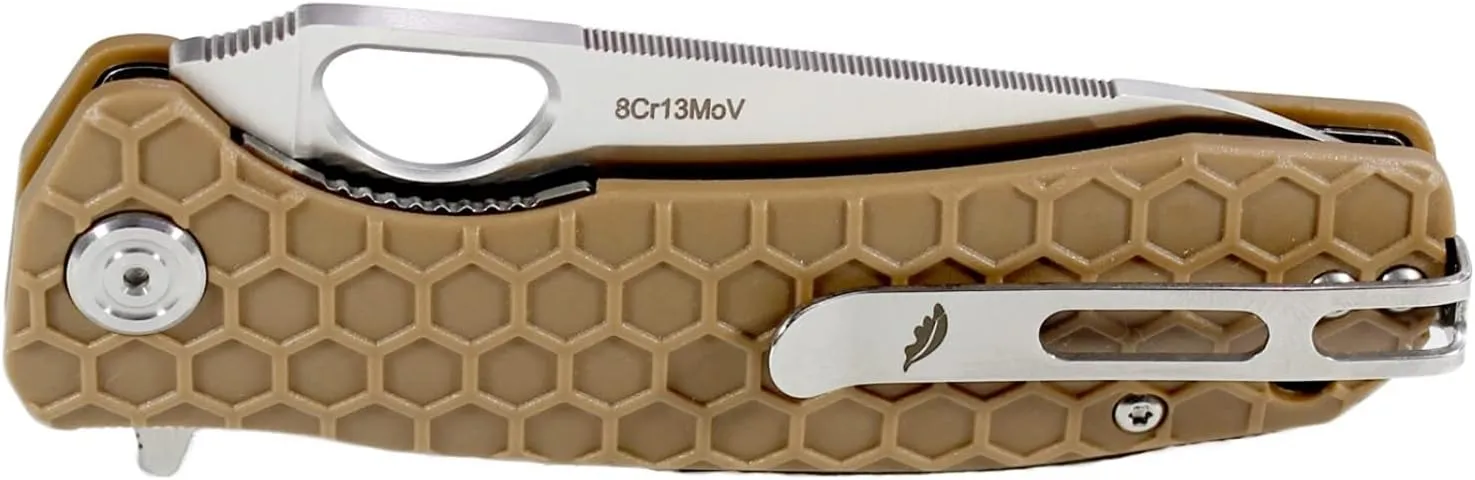 Honey Badger Small Tan Leaf Pocket Knife - 2.8" Blade Fiberglass-Reinforced Nylon Handle Ambidextrous Clip 2.6.oz