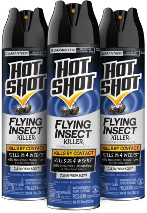 Hot Shot Flying Insect Killer, Aerosol, Clean Fresh Scent, 15 Ounces, 3-Count