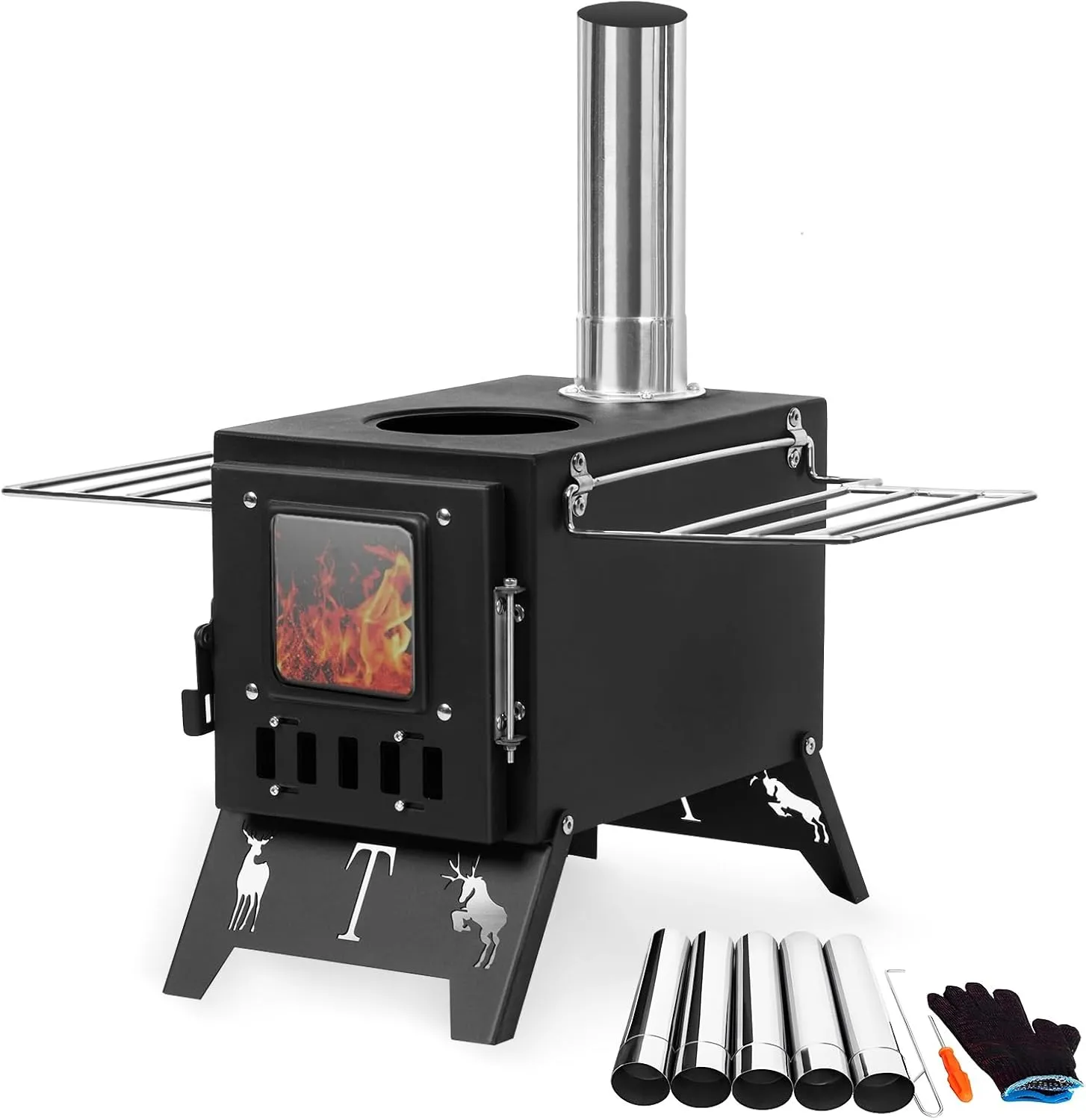 Hot Tent Stove, Camping Wood Stove for Tent, Portable Stainless Steel Wood Burning Stove with 5 Chimey Pipes for Wall Tent Camping, Cooking, Ice Fishing, Hunting, Boiling Water Black