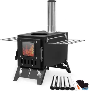 Hot Tent Stove, Camping Wood Stove for Tent, Portable Stainless Steel Wood Burning Stove with 5 Chimey Pipes for Wall Tent Camping, Cooking, Ice Fishing, Hunting, Boiling Water Black