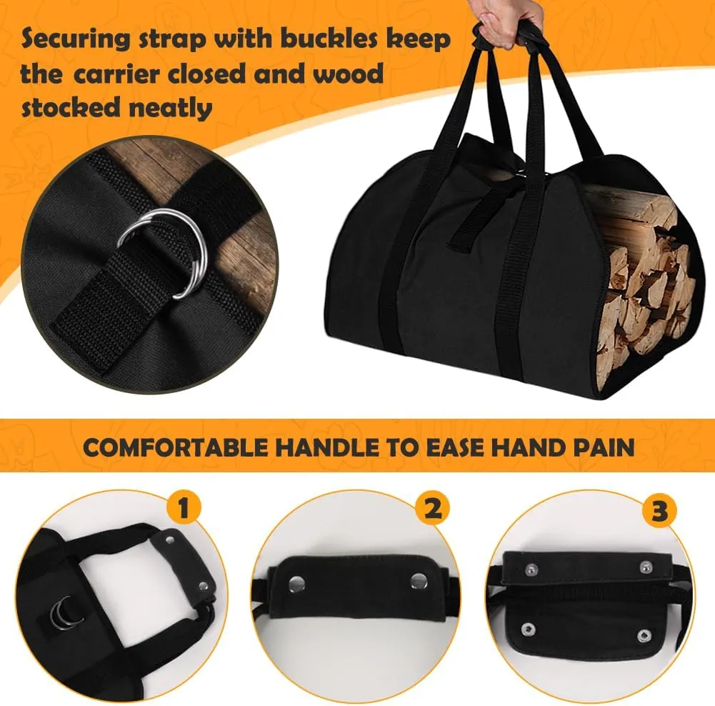 HRX Package Waxed Canvas Firewood Carrier, Water Resistant Log Tote Wood Carrying Bag with Handles for Camping Trip Christmas Gift (Black)