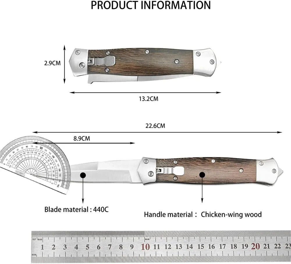 HUAAO Button Lock Folding Knife With Safety Lock,Assisted Opening Tactical Pocket Knife,Stainless Steel Blade And Wenge Wood Handle,Portable Knives for Outdoor Camping,Hunting,Hiking