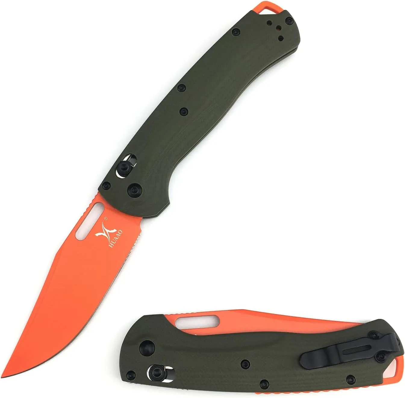 HUAAO Manual Open Folding Knife with 3.31’’ Orange D2 Blade Green G10 Handle, EDC Pocket Knife with Clip for Camping Hunting