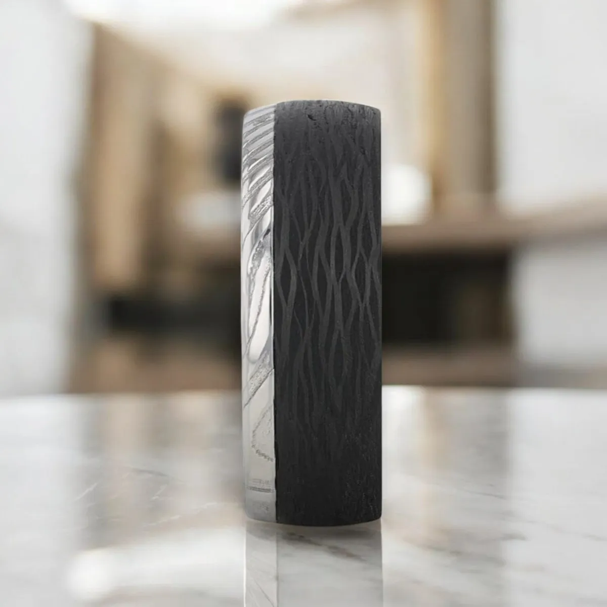 HUDSON | Silver Damascus Steel Ring, Carbon Fiber Inlay