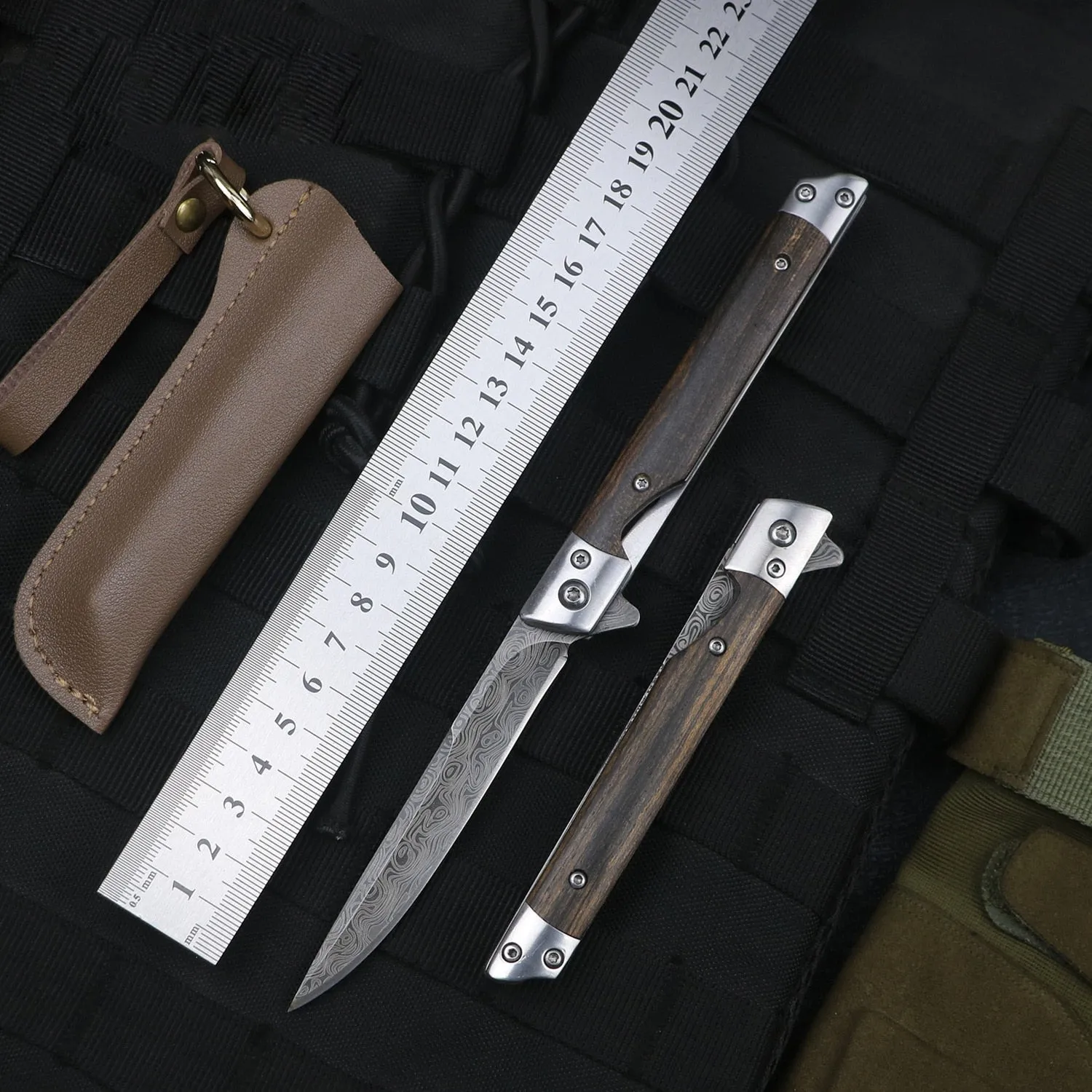 HULIANFU M390 Steel Folding Knife with Holster Wooden Handle Damascus Pattern High Hardness Outdoor Hunting Knife  Camping Survival Tools