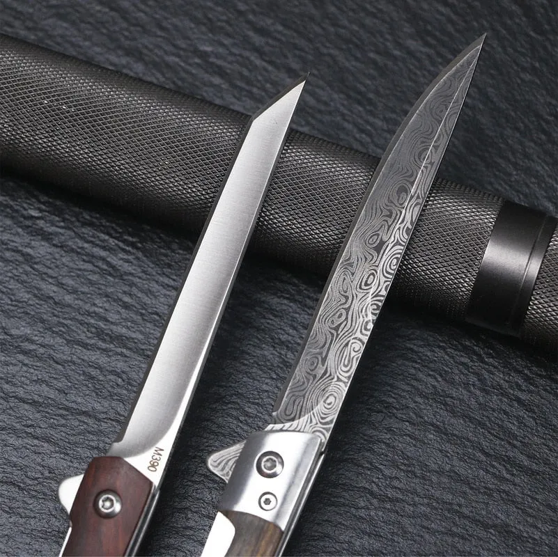 HULIANFU M390 Steel Folding Knife with Holster Wooden Handle Damascus Pattern High Hardness Outdoor Hunting Knife  Camping Survival Tools