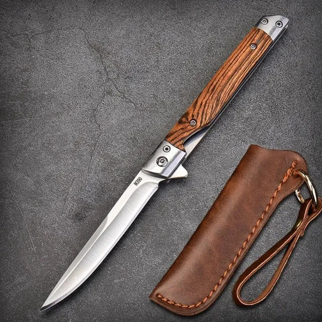 HULIANFU M390 Steel Folding Knife with Holster Wooden Handle Damascus Pattern High Hardness Outdoor Hunting Knife  Camping Survival Tools