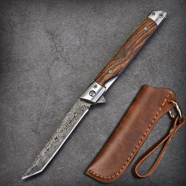 HULIANFU M390 Steel Folding Knife with Holster Wooden Handle Damascus Pattern High Hardness Outdoor Hunting Knife  Camping Survival Tools