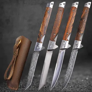 HULIANFU M390 Steel Folding Knife with Holster Wooden Handle Damascus Pattern High Hardness Outdoor Hunting Knife  Camping Survival Tools