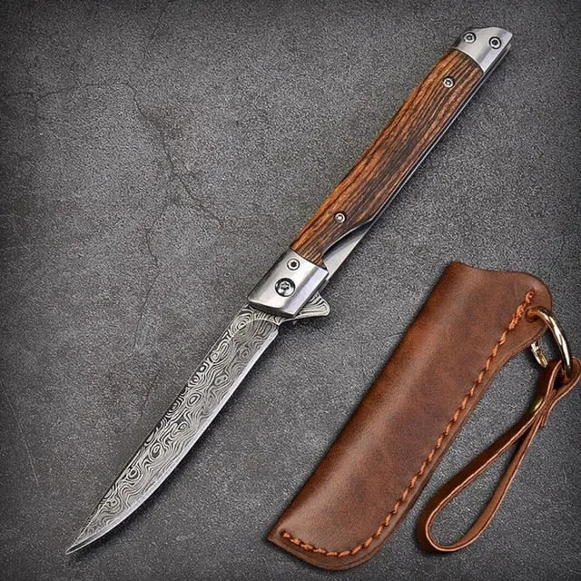 HULIANFU M390 Steel Folding Knife with Holster Wooden Handle Damascus Pattern High Hardness Outdoor Hunting Knife  Camping Survival Tools