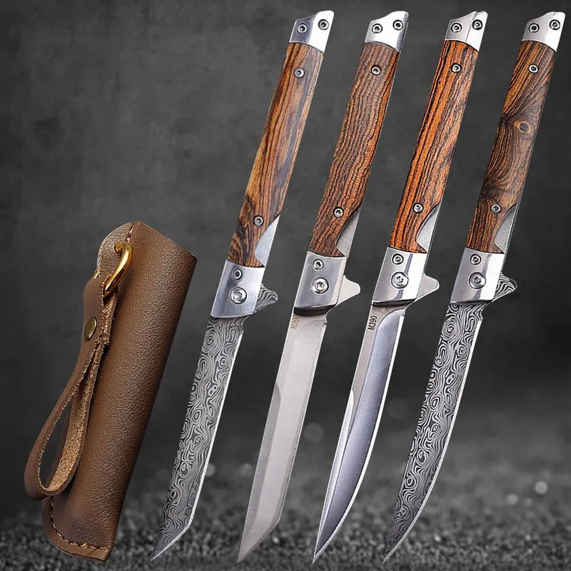 HULIANFU M390 Steel Folding Knife with Holster Wooden Handle Damascus Pattern High Hardness Outdoor Hunting Knife  Camping Survival Tools