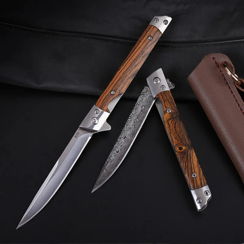 HULIANFU M390 Steel Folding Knife with Holster Wooden Handle Damascus Pattern High Hardness Outdoor Hunting Knife  Camping Survival Tools