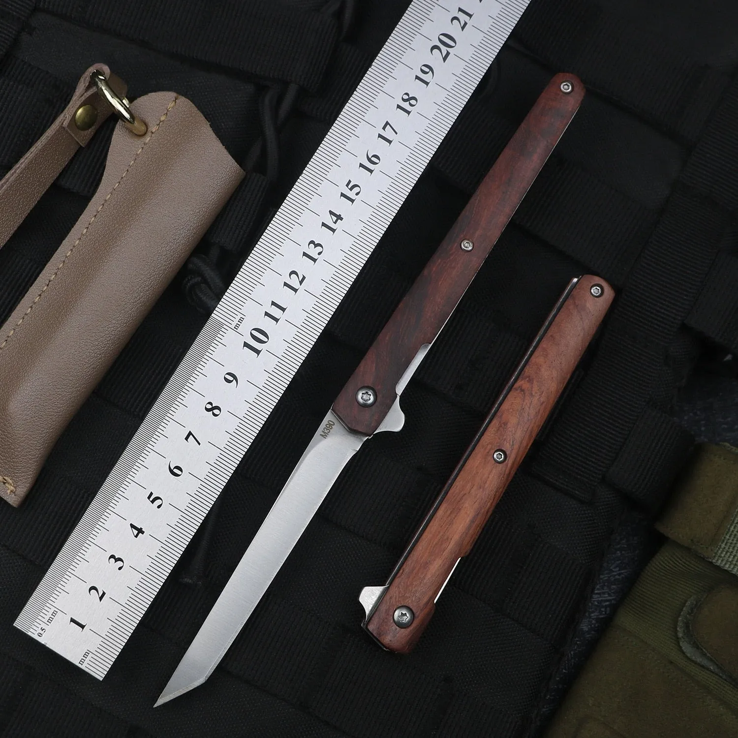 HULIANFU M390 Steel Folding Knife with Holster Wooden Handle Damascus Pattern High Hardness Outdoor Hunting Knife  Camping Survival Tools