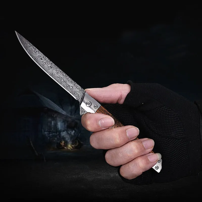 HULIANFU M390 Steel Folding Knife with Holster Wooden Handle Damascus Pattern High Hardness Outdoor Hunting Knife  Camping Survival Tools