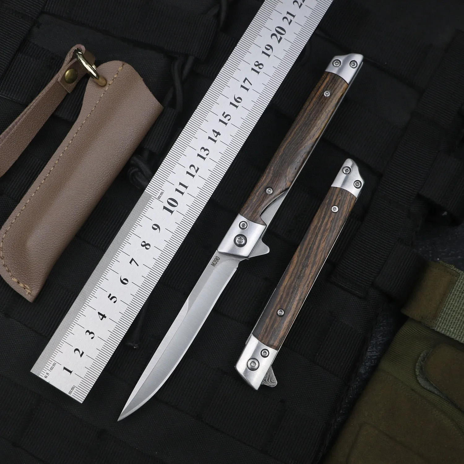 HULIANFU M390 Steel Folding Knife with Holster Wooden Handle Damascus Pattern High Hardness Outdoor Hunting Knife  Camping Survival Tools