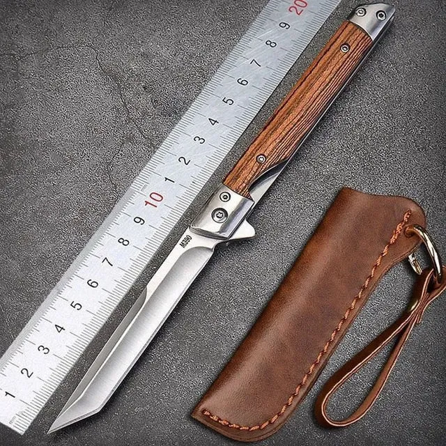 HULIANFU M390 Steel Folding Knife with Holster Wooden Handle Damascus Pattern High Hardness Outdoor Hunting Knife  Camping Survival Tools