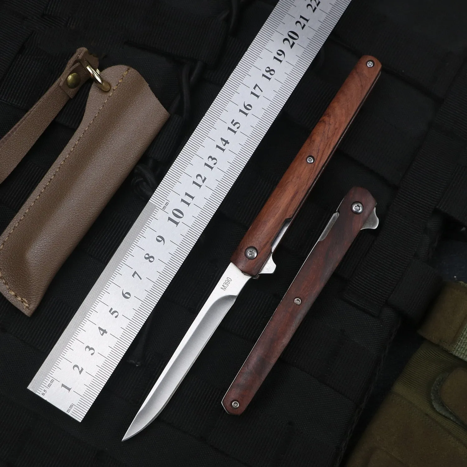 HULIANFU M390 Steel Folding Knife with Holster Wooden Handle Damascus Pattern High Hardness Outdoor Hunting Knife  Camping Survival Tools