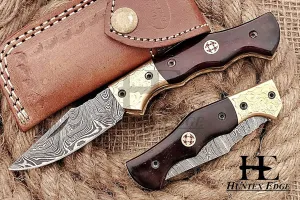 HUNTEX Custom Handmade Hand-Forged Twist Pattern Damascus Steel 4 Inch Long Natural Buffalo Horn Handle Razor Sharp Camping Hunting Folding Pocket Puma Knife with Genuine Leather Pouch