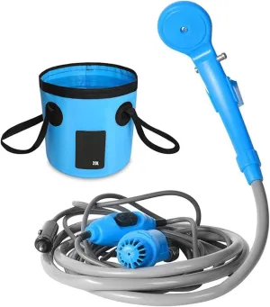 HXBER Portable Camping Shower Outdoor Shower Pump with 20L Collapsible Bucket for Camping Hiking Backpacking Travel Beach Pet Bath Flowering, Blue