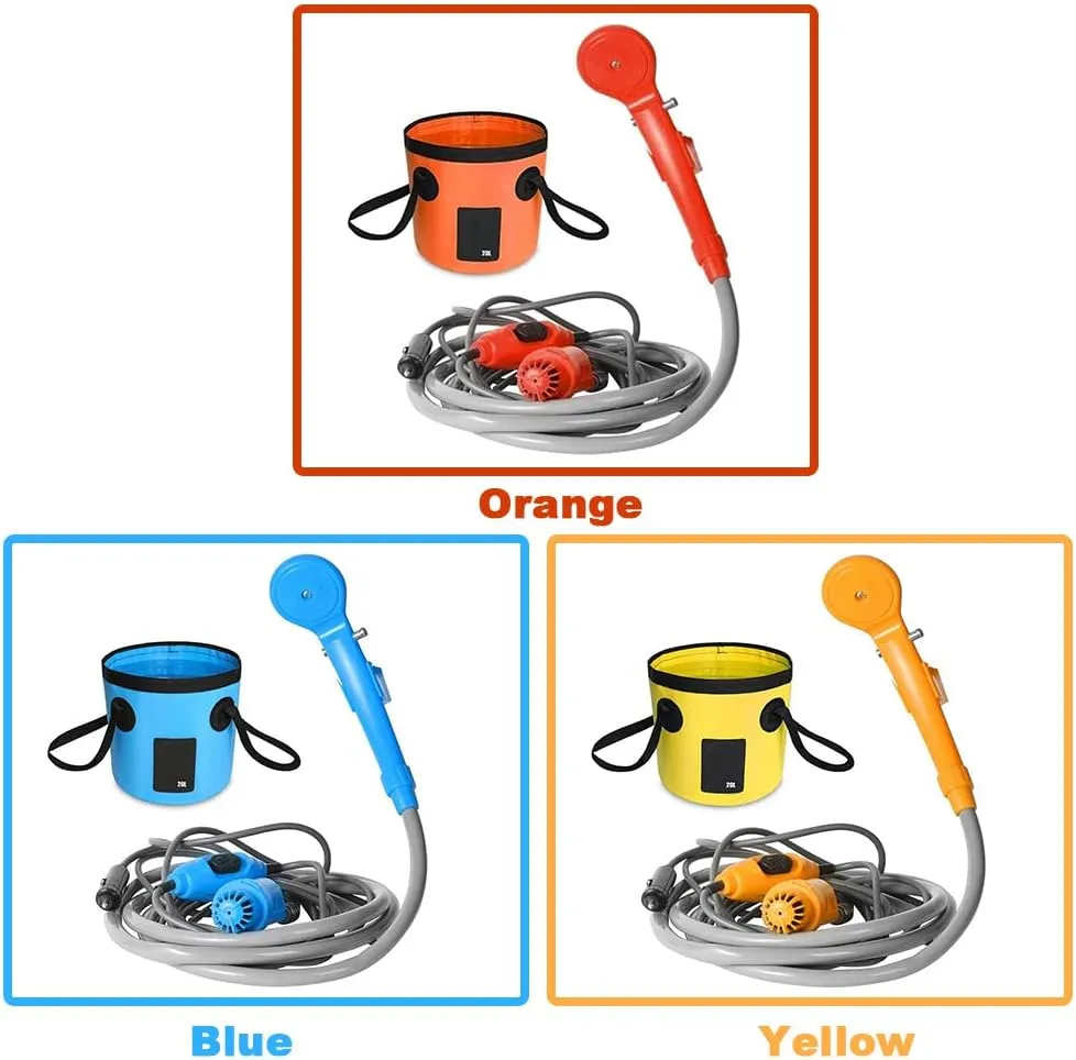 HXBER Portable Camping Shower Outdoor Shower Pump with 20L Collapsible Bucket for Camping Hiking Backpacking Travel Beach Pet Bath Flowering, Blue