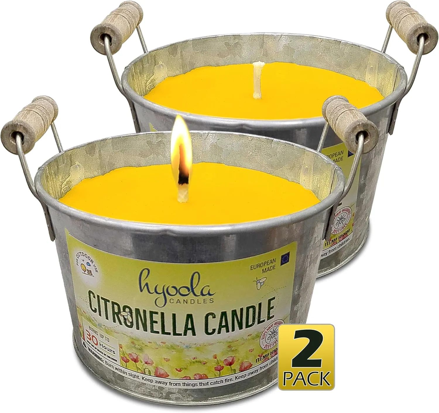 HYOOLA Large Citronella Candles Outdoor Bucket - 30 Hour - 2-Pack - Natural Repellent - European Made