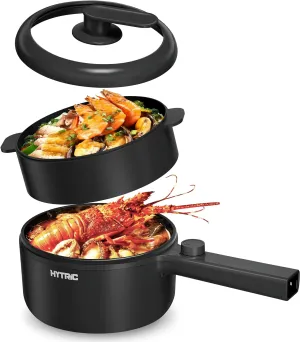 HYTRIC Hot Pot Electric with Steamer, 1.5L Portable Non-stick Frying Pan, Electric Cooker for Steak, Egg, Pasta, Ramen Cooker with Dual Power Control, Electric Pot for Office, Dorm, Camping, Black