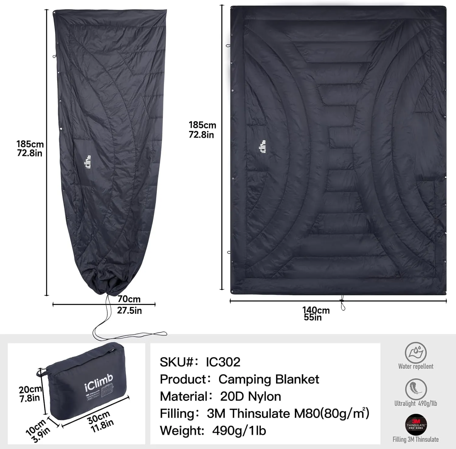 iClimb 3M Thinsulate Insulation Warm Camping Blanket Ultralight Compact (Black)
