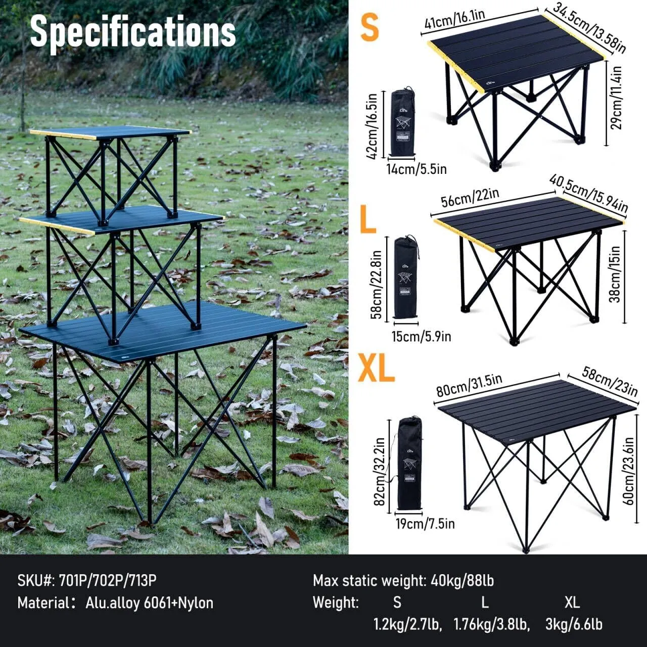 iClimb Ultralight Compact Camping Folding Table with Carry Bag (Reinforced Black - L)