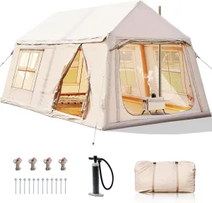 Inflatable Tents for Camping, Blow Up Tent with Hand Pump, Easy Setup Inflatable Hot Tent with Stove Jack, Waterproof Oxford Air Glamping Tents for Camping Adult 4-6 Person