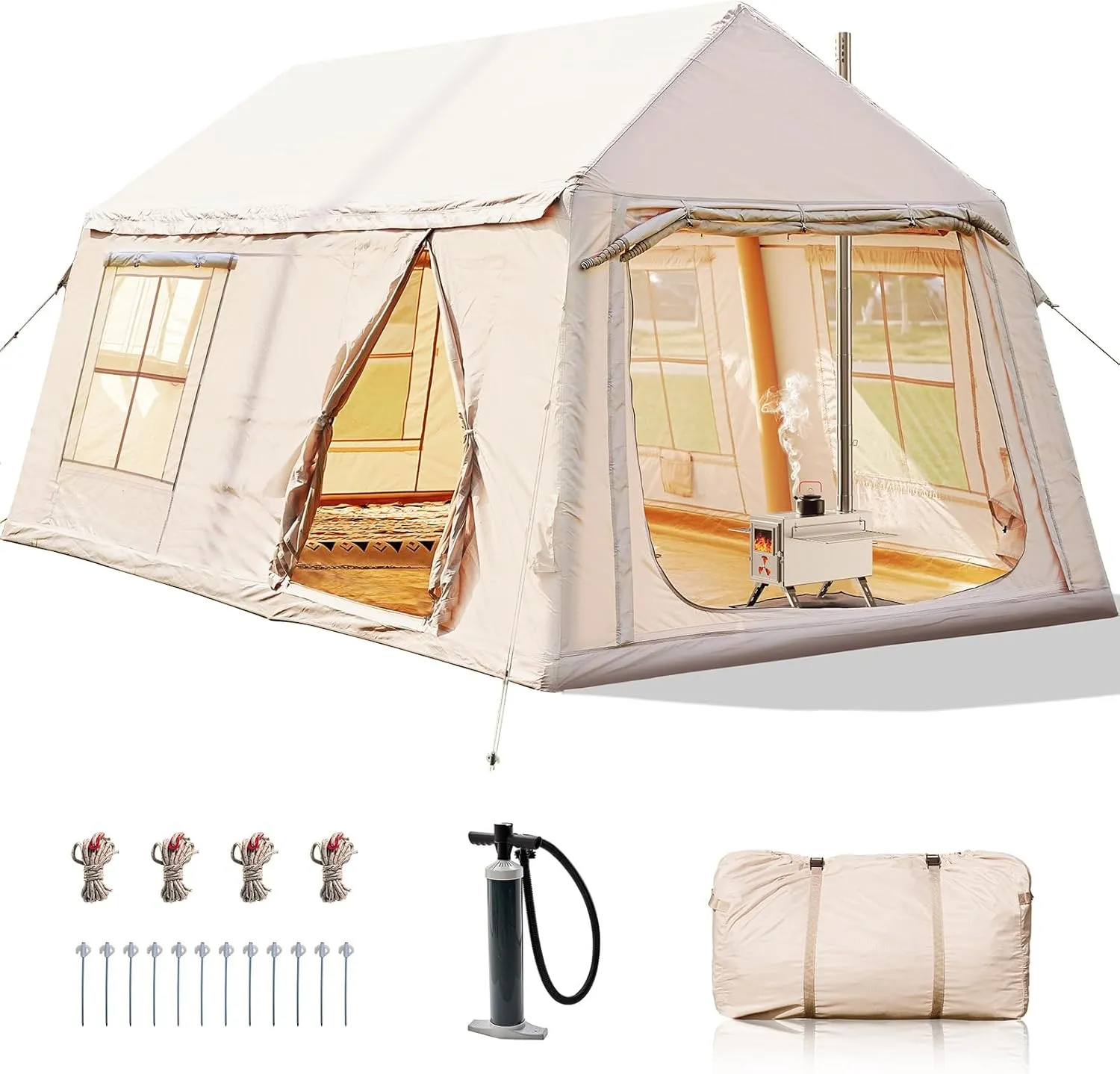 Inflatable Tents for Camping, Blow Up Tent with Hand Pump, Easy Setup Inflatable Hot Tent with Stove Jack, Waterproof Oxford Air Glamping Tents for Camping Adult 4-6 Person