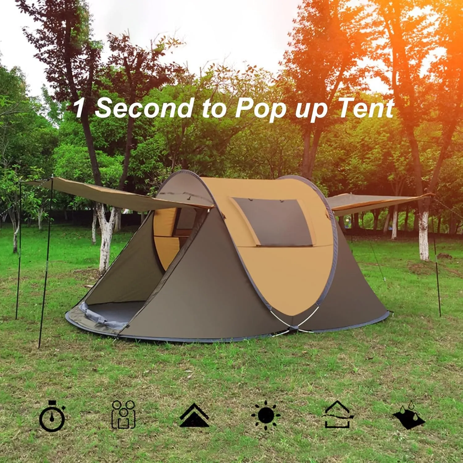 Instant Camping Tent Outdoor Portable 3-4 Person Pop Up Camping Tent Rainproof Sunproof Automatic Family Camping Tent 2 Doors 2 Windows Easy Set Up
