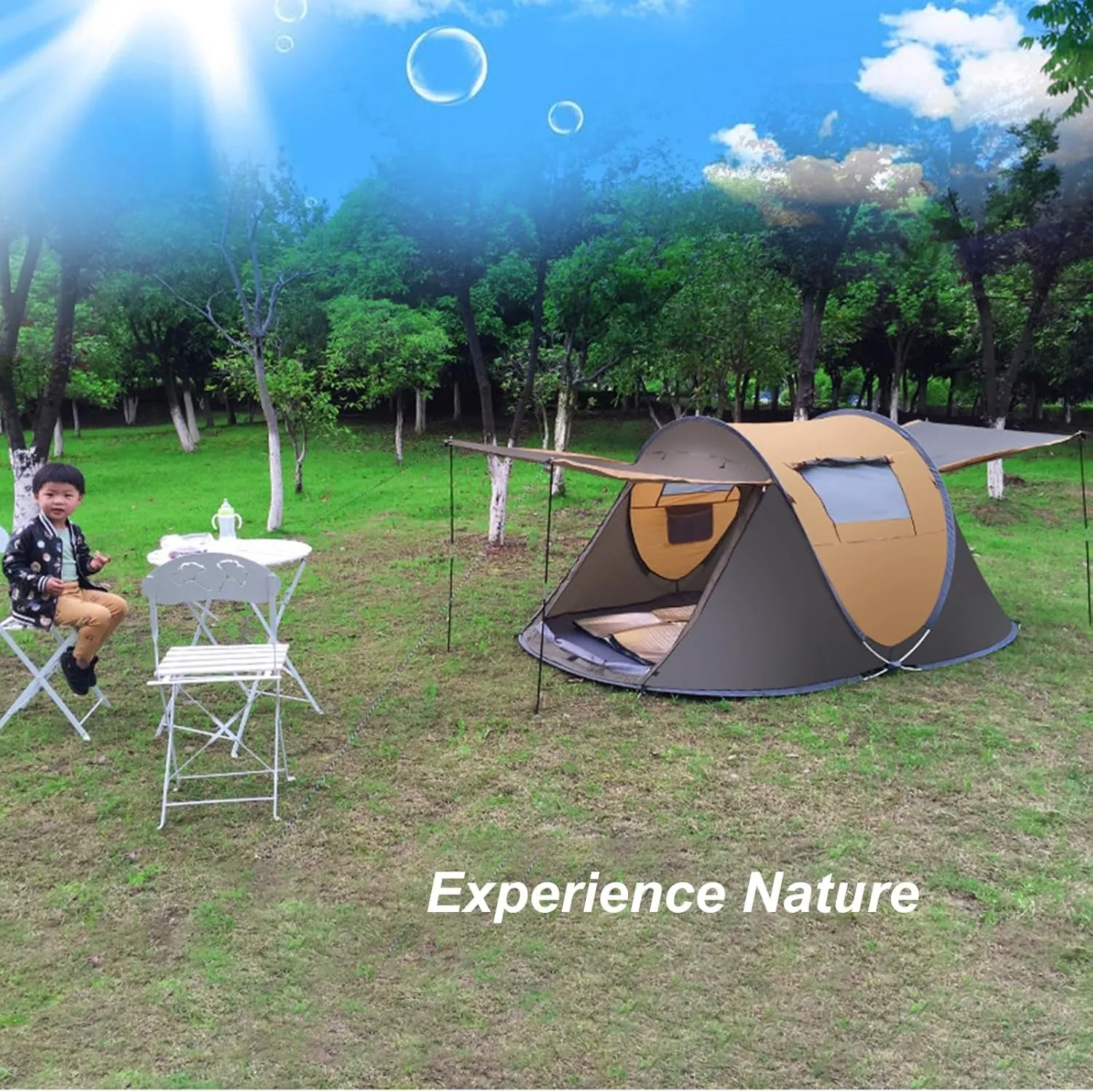 Instant Camping Tent Outdoor Portable 3-4 Person Pop Up Camping Tent Rainproof Sunproof Automatic Family Camping Tent 2 Doors 2 Windows Easy Set Up