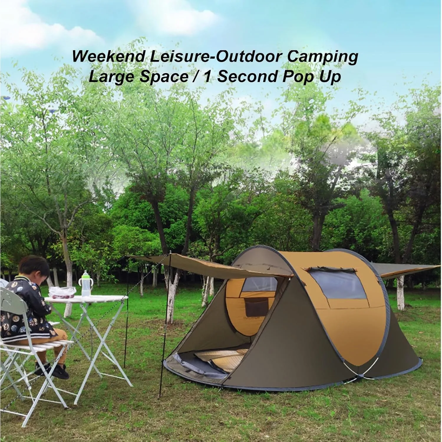 Instant Camping Tent Outdoor Portable 3-4 Person Pop Up Camping Tent Rainproof Sunproof Automatic Family Camping Tent 2 Doors 2 Windows Easy Set Up