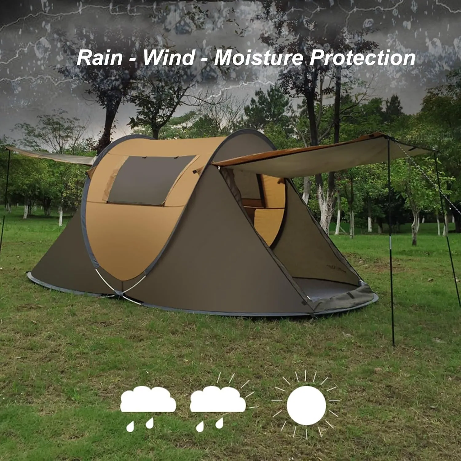 Instant Camping Tent Outdoor Portable 3-4 Person Pop Up Camping Tent Rainproof Sunproof Automatic Family Camping Tent 2 Doors 2 Windows Easy Set Up