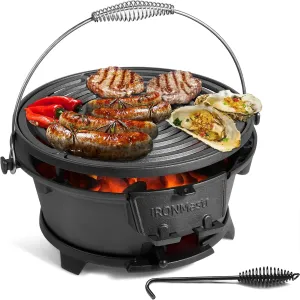 IronMaster Hibachi Grill Outdoor, 100% Cast Iron Grill, Mini Small Portable Charcoal Grill for Outdoor Camping Stove - 2 Heights, Air Control, Coal Door