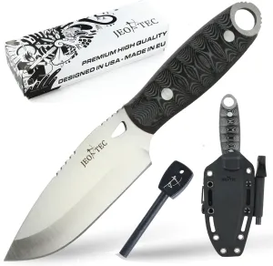 JEO-TEC Nº10 Bushcraft Survival Knife | Full Tang Fixed Blade Outdoor Camping Utility Hunting Knife In Kydex Sheath | MOVA Steel Fire Starter Scraper | Gift For Him