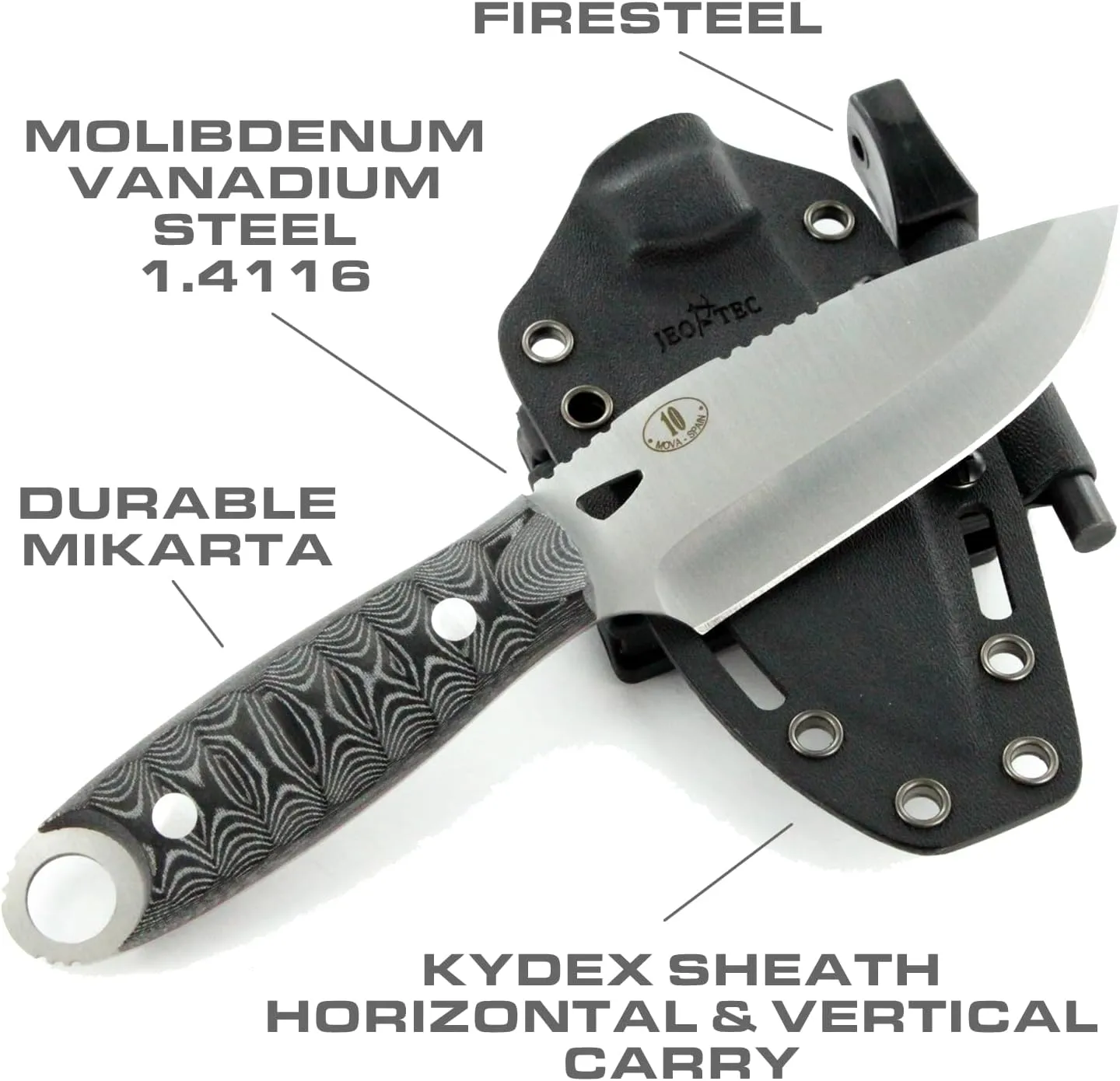 JEO-TEC Nº10 Bushcraft Survival Knife | Full Tang Fixed Blade Outdoor Camping Utility Hunting Knife In Kydex Sheath | MOVA Steel Fire Starter Scraper | Gift For Him