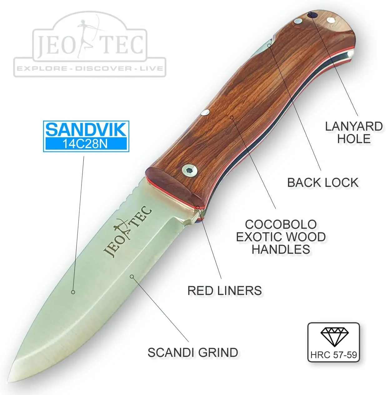 JEO-TEC Nº16 Pocket Folding Knife for Bushcraft Survival Camping Hunting Fishing Outdoor, Stainless Steel Sandvik 14C28N Scandi Blade, Handmade