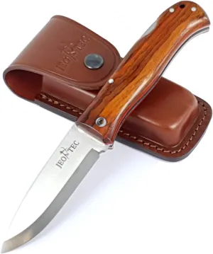 JEO-TEC Nº17 Bushcraft Survival Camping Hunting Fishing Outdoor Folding Knife, Stainless Steel Sandvik 14C28N Scandi, Genuine Leather Sheath, Handmade