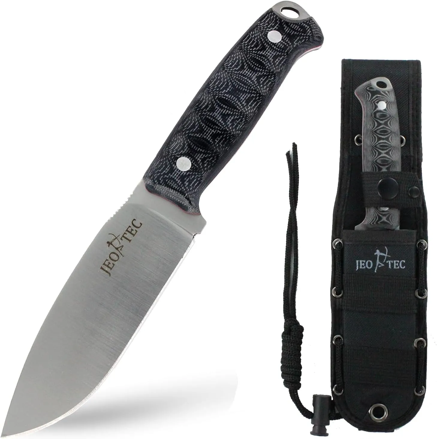 JEO-TEC nº3 Bushcraft Survival Knife | Full Tang Fixed Blade Outdoor Edc Camping Gear Utility Hunting Knives | Kydex Cordura Sheath | Steel Fire Starter Scraper | Gift For Him
