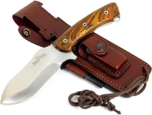 JEO-TEC Nº35 Full Tang Bushcraft Survival Hunting Camping Fixed Blade Knife with Wood Handle, MOVA-58, 10'' Overall, Leather Multi-Position Sheath   Firesteel   Sharpener Stone, Handmade